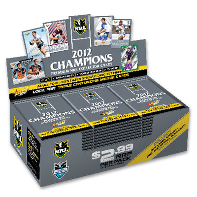 Box of 2012 Champions NRL collection cards with trading cards on top