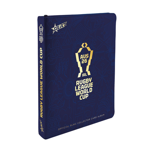 RLWC 2026 Collector Card Album, navy zip binder with gold Rugby League World Cup AUS 26 logo